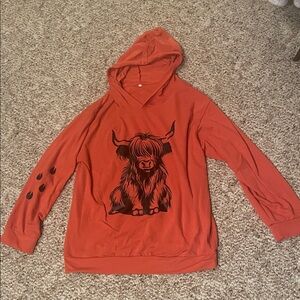 Orange Hoodie with cute highland cow